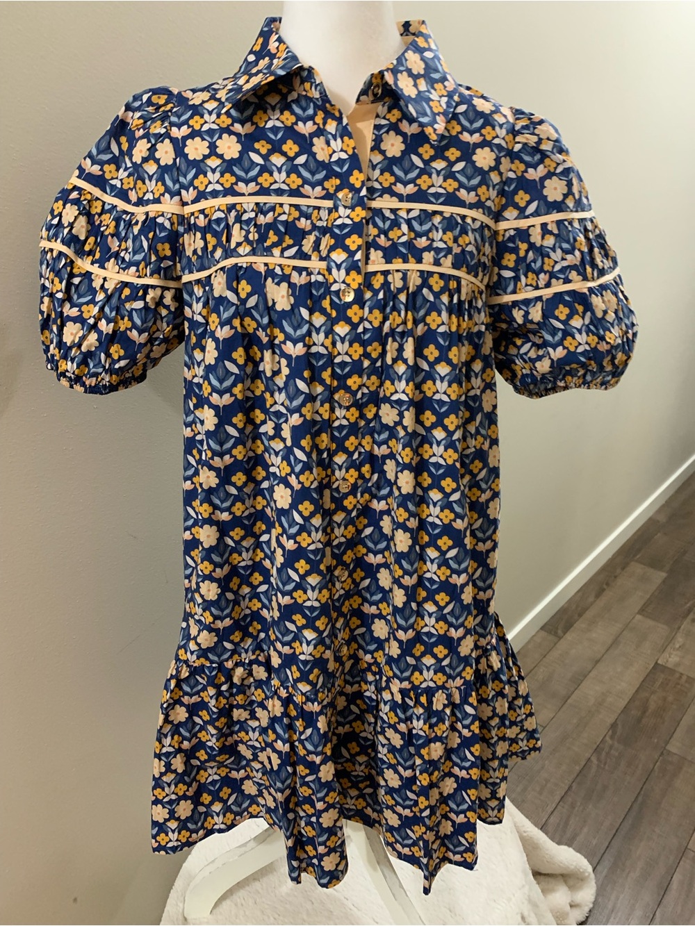 entro Navy Floral Puff-Sleeve Dress with peach Accents